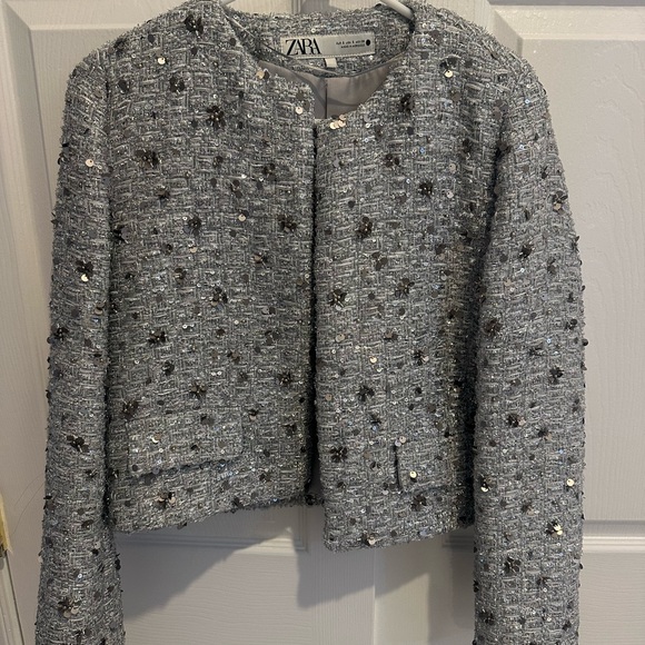 Zara Jackets & Blazers - Zara Silver-Gray Embellished Tweed Cropped Jacket